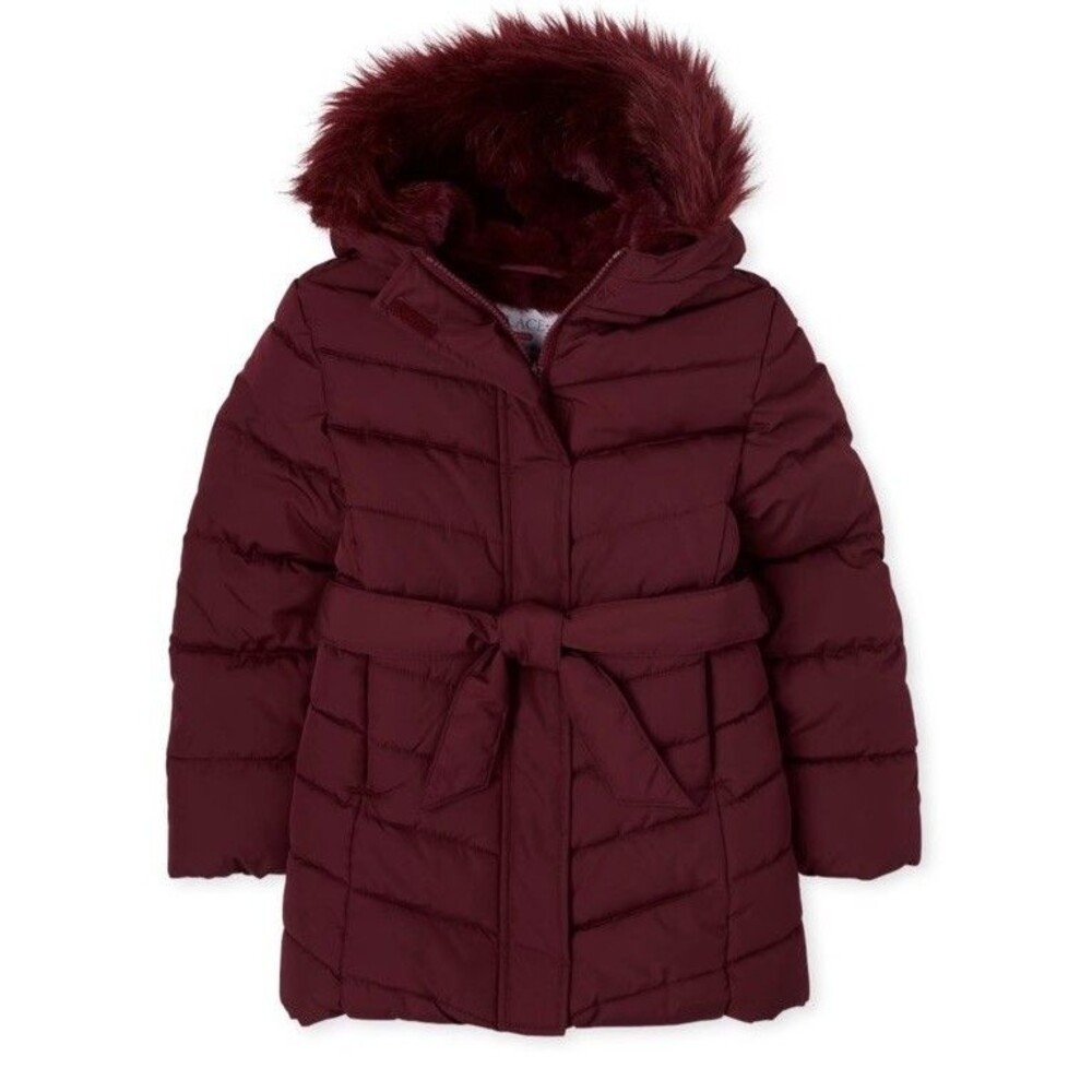 NWT The Children’s Place Girls Long Puffer Coat L 10/12 Burgundy Faux Fur Hood